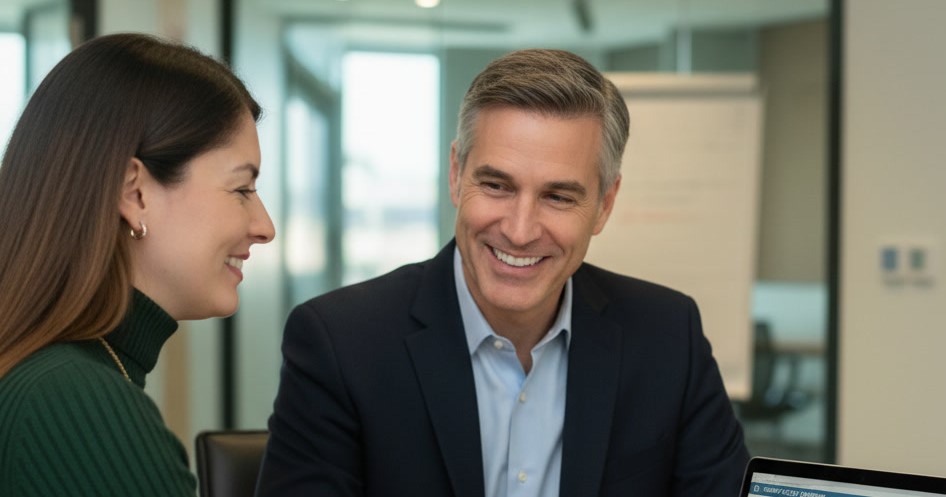 Tina Kuga working with a business client on group health insurance