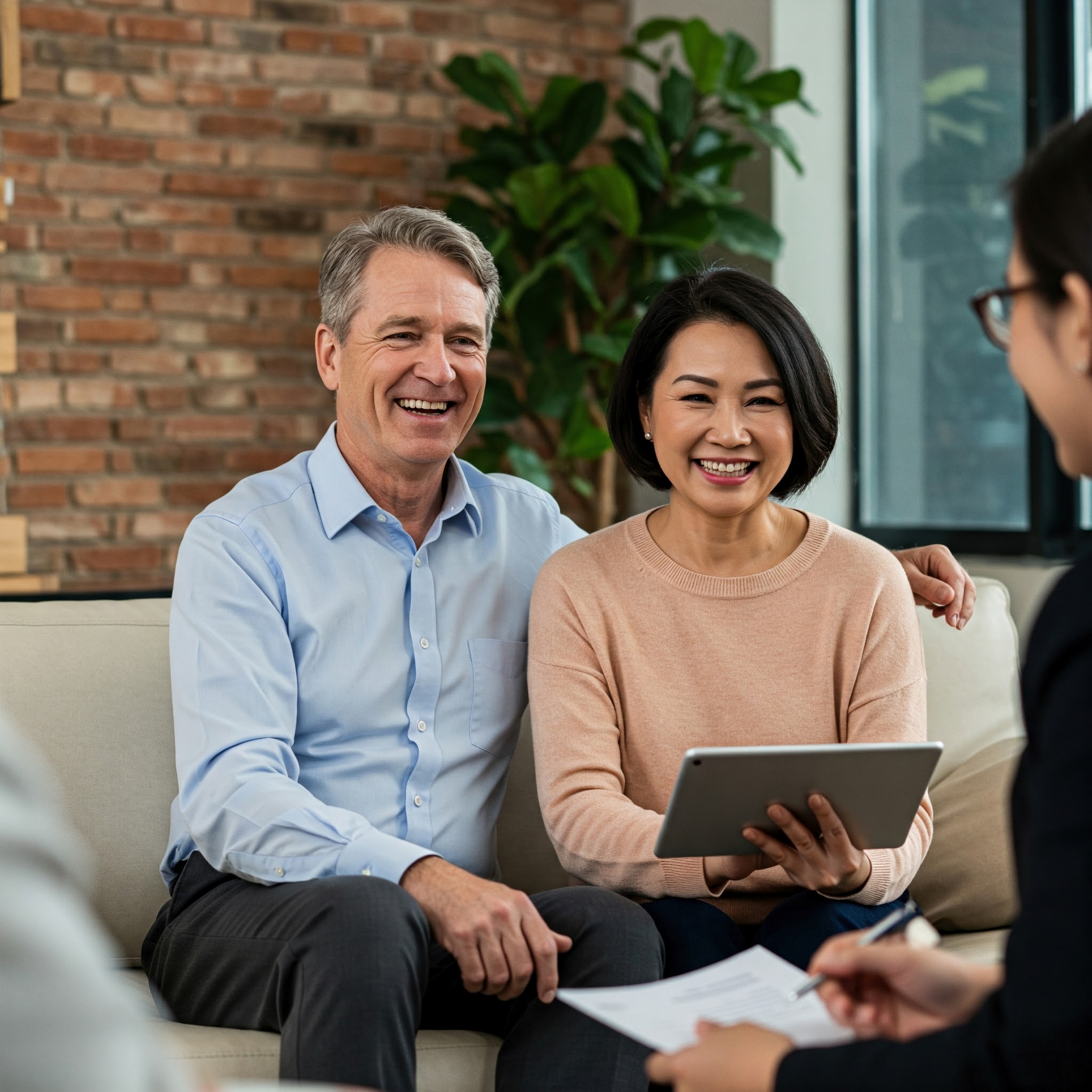 A couple reviewing plan costs and paperwork with an advisor at home