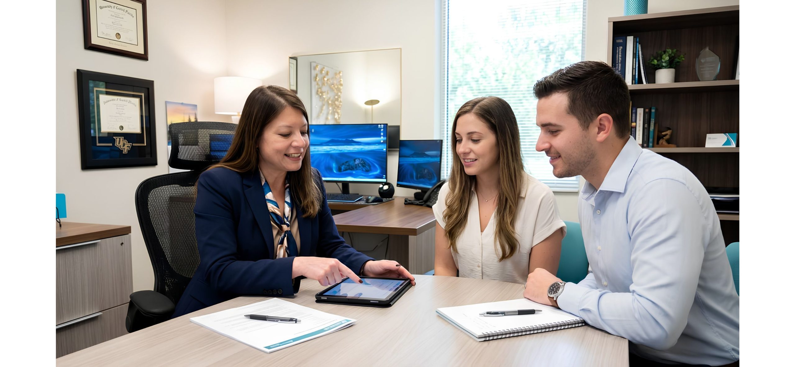Licensed Florida advisor walking a couple through plan options side-by-side on a laptop